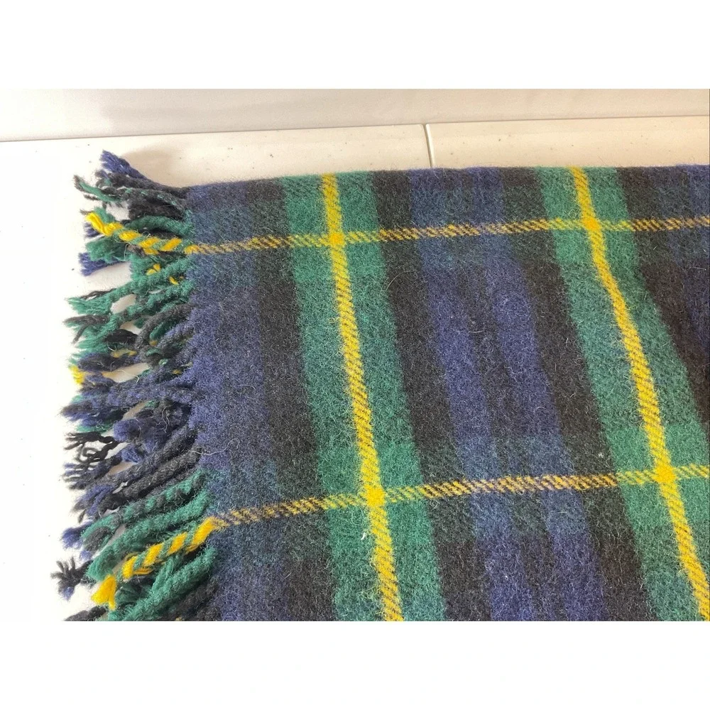 VTG SCOTTISH GLEN‎ CHECK ALL WOOL FRINGE TARTAN PLAID THROW Wrap 36